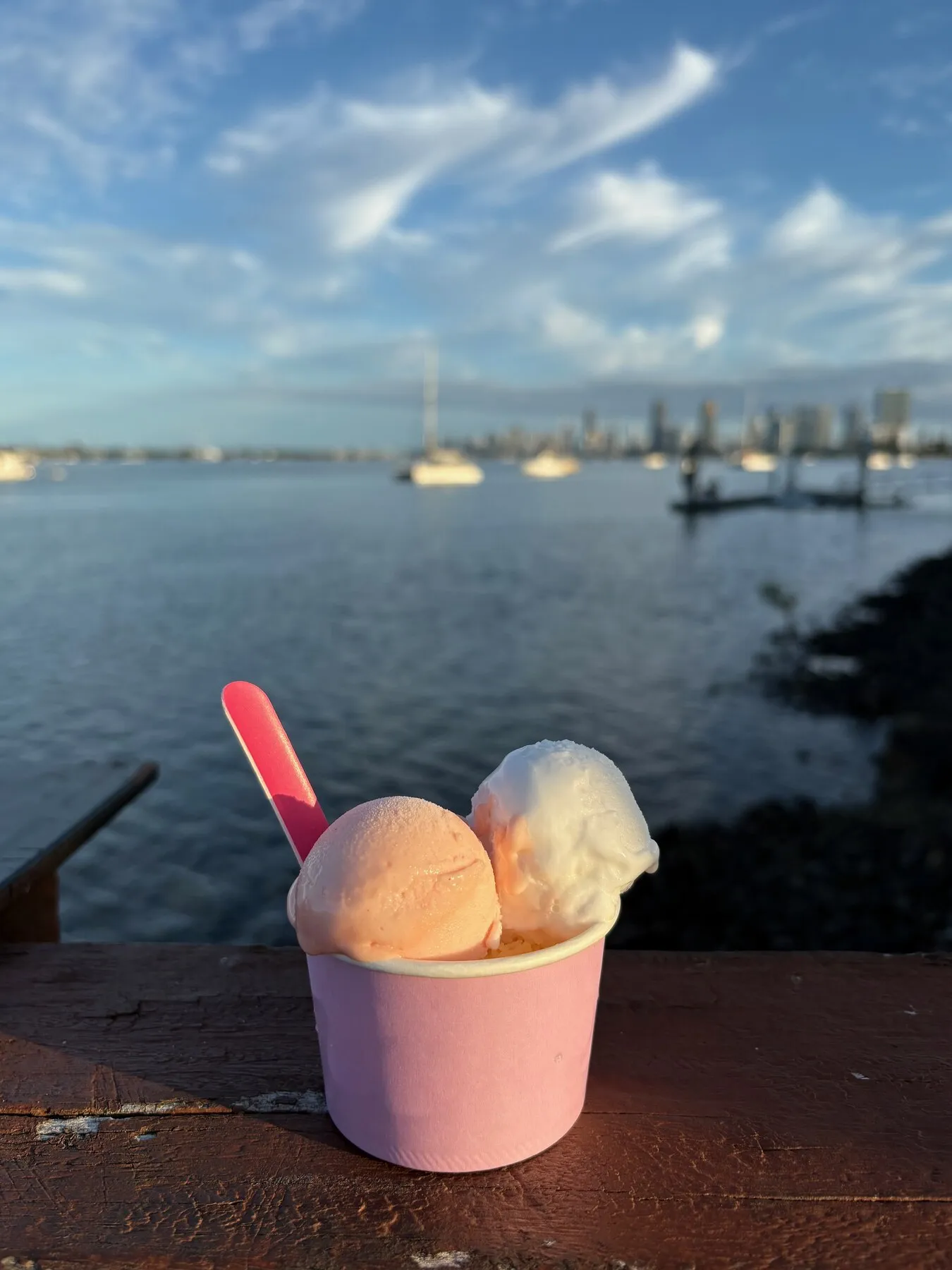 A cup of colourful Gelato Wonderland gelato beside the Broadwater in Labrador on a bright day.